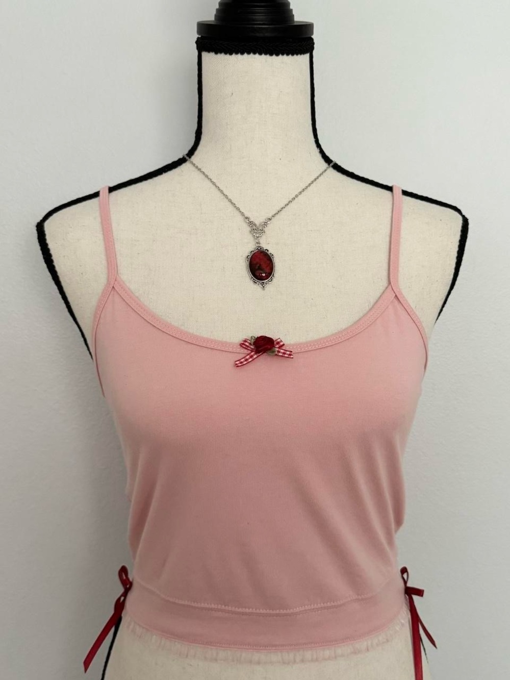 Pink tank top with red gingham bow & red rosebud